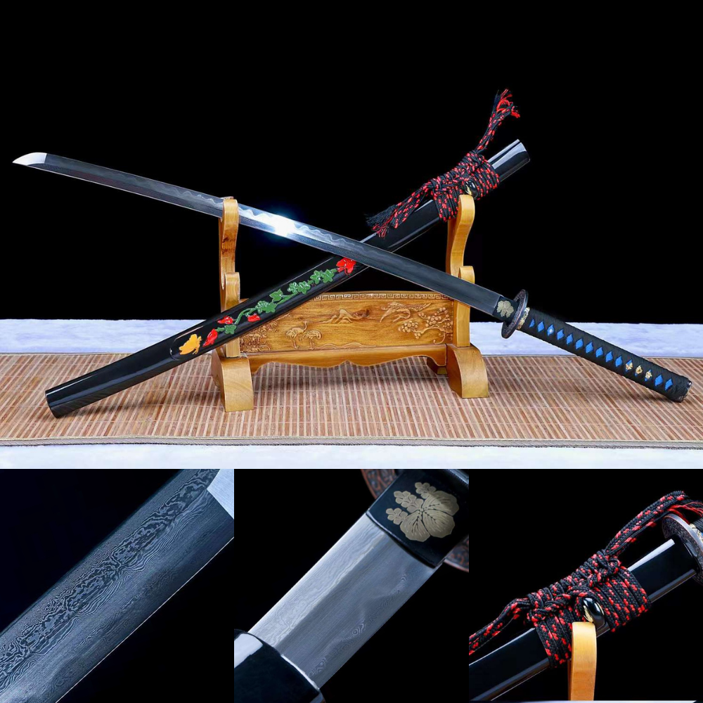 Pattern Steel Japanese katana Handmade battle ready black blade – ROM ...
